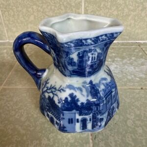 Victoria Ironstone Blue and White Flow Blue Scenic Pitcher Hexagonal Creamer 4in
